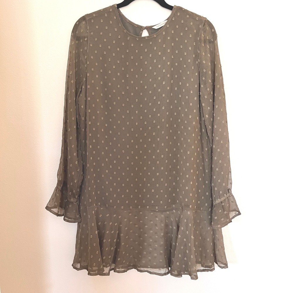 Soft Surroundings Olive Green Dot‎ Ruffle Boho Boxy Oversized Tunic Womens S